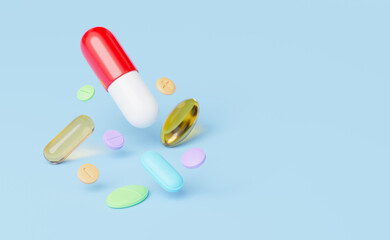 3D medicine float on blue background. Pharmacy dispense pill capsule, Cod liver oil omega 3 gel, vitamin drug advertising. Health care, medical treatment, Dietary concept. Cartoon minimal. 3D render.
