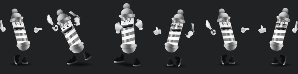 Set of barber pole characters standing in different poses. Barbershop mascot. Stock vector illustration of barber pole cartoon character. Isolated background.