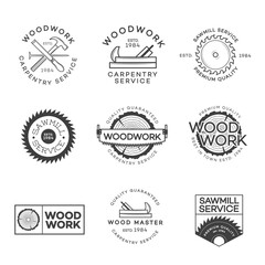 Set of carpentry service, sawmill and woodwork labels isolated on white background. Stamps, banners and design elements. Wood work and manufacture label templates. Vector illustration