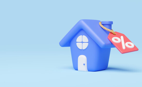 3d house sale icon. Cute blue home with percent discount tag isolated on blue background. Business investment, real estate, mortgage, loan concept. Cartoon icon minimal style. 3d render illustration.