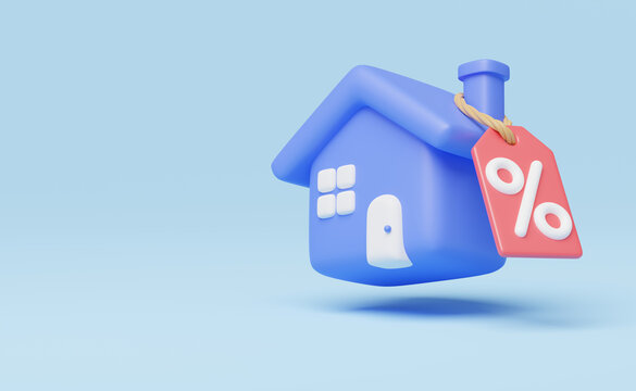 3d house sale icon. Cute blue home with percent discount tag floating on blue background. Business investment, real estate, mortgage, loan concept. Cartoon icon minimal style. 3d render illustration.