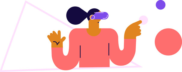 Metaverse digital cyber world technology, woman with virtual reality VR goggle playing AR augmented reality game and entertainment. Flat vector.