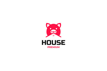 Flat minimalist pig house logo design vector template illustration idea