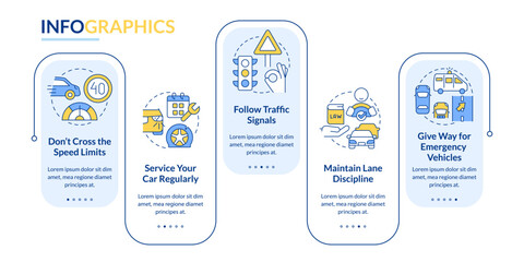 Common driving safety rules blue rectangle infographic template. Data visualization with 5 steps. Editable timeline info chart. Workflow layout with line icons. Lato-Bold, Regular fonts used