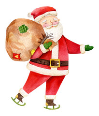 Watercolor Christmas illustration Santa Claus with gifts. Christmas new year graphics. Cute holiday character design. Winter isolated 