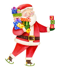 Watercolor Christmas illustration Santa Claus with gifts. Christmas new year graphics. Cute holiday character design. Winter isolated 