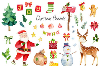 Watercolor Christmas illustration Santa Claus with gifts, cute snowman. Reindeer new year graphics. Cute holiday character design. Winter Christmas elements isolated. Christmas tree, leaves, socks 