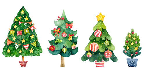 Watercolor Christmas illustration. New year graphics. Cute holiday character design. Winter Christmas elements isolated. Christmas tree