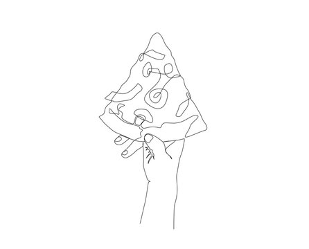 Continuous line drawing of Hand Holding Slice of Pizza.  Single line art of pizza.