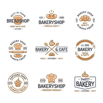 Bakery logo set consisting of icons bread, cupcake, croissant, cup of coffee, spica for corporate identity baking firm, loaf store, food market, coffee shop, cafe. Vector Illustration