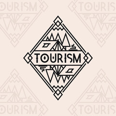 Tourism logo consisting of tent, campfire and trees line style isolated on background for camping logotype, travel badge, expedition label, explore emblem, hiking sticker, climbing symbol, banner