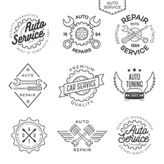 Fototapeta premium Set of auto service, repair and auto tuning labels isolated on white background. Stamps, banners and design elements for you business. Vector illustration