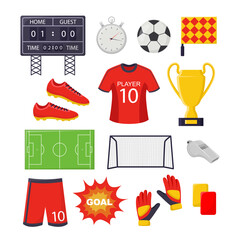 Football or soccer match elements vector illustrations set. Scoreboard, uniform, whistle, penalty cards, soccer ball, stopwatch isolated on white background. Soccer or football, sports concept