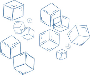 Hand drawn line ice cube, sugar, toys. Cold pieces, pieces of ice,  doodle sketches. The review is illustrated with cubes. Vector illustration with cubes.