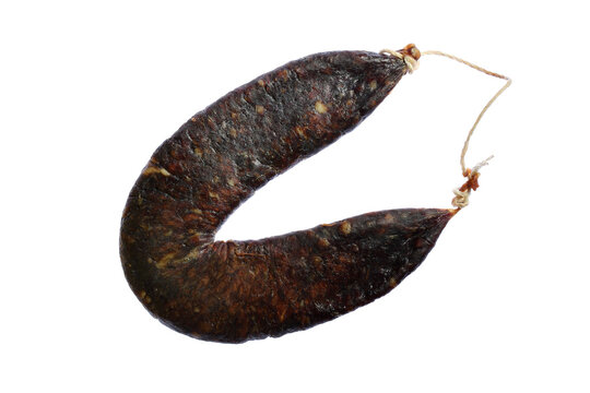 Traditional Bulgarian dried cured sausage, named Sudzhuk. Homemade, delicious dry beef meat salami, flattened and shaped as horse shoe. Isolated on white