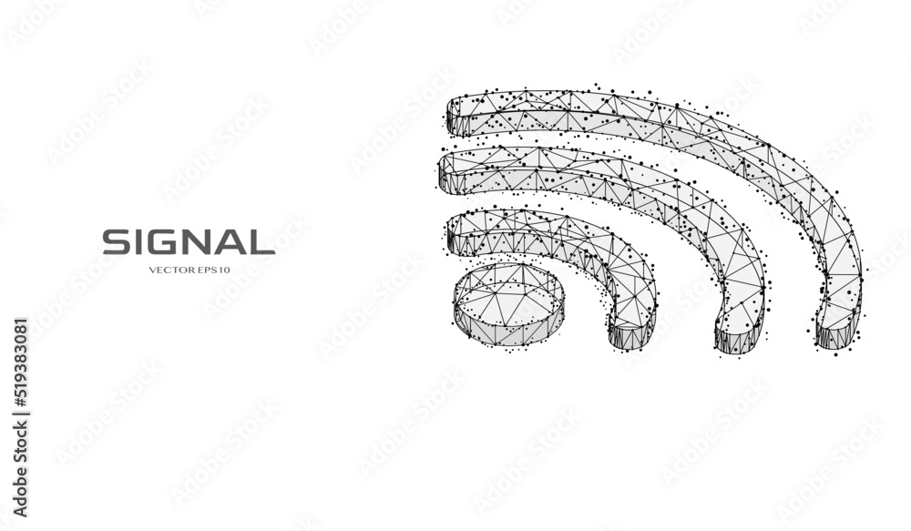 Poster Abstract low poly wireframe mesh of wifi signal communication concept. Black outline  polygonal line connection with particle dot and glow structure 3D vector.