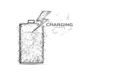 Abstract outline low poly alkaline battery charging electric vector. Polygon particle and dot line wireframe connection with energy charge system illustration concept background.
