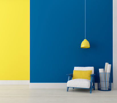 Modern Interior Room With Armchair.Blue And Yellow Wall Background.3d Rendering