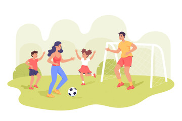 Obraz na płótnie Canvas Cartoon family playing soccer outside. Mom, dad and children doing sports together, football ball on green grass flat vector illustration. Family, outdoor activity, summer concept for banner