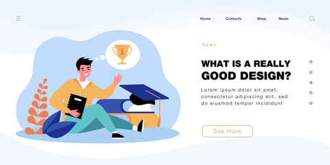 Students dreams of gold cup of winner in competition or study. Happy boy sitting near graduate cap and books flat vector illustration. Graduation concept for banner, website design or landing web page