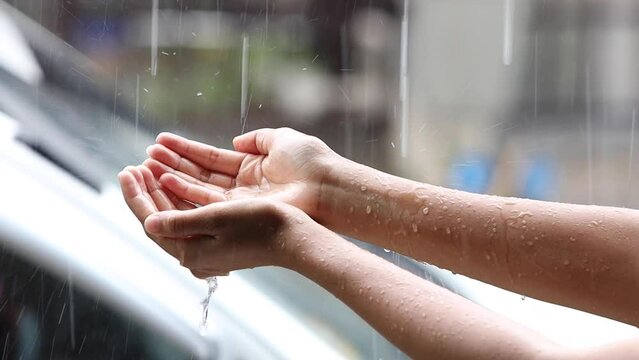 Natural raindrops fall into my hands.