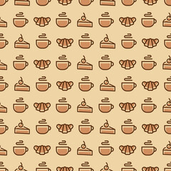 Sweet bakery seamless pattern consisting of croissant, cup of tea, cake color style on yellow background for cafe, cupcake firm, coffee shop, loaf store, bread house, food market. Vector Illustration