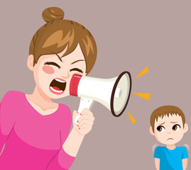 Angry mom yelling with megaphone little sad son kid shaking