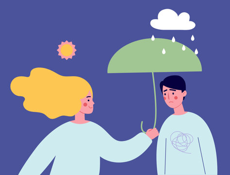 Sad Boy. Man In Depression. Woman Comforting A Depressed Friend. Female Giving Support To An Upset Mate, Flat Vector Illustration. Friendship, Depression, Help. Creative Vector Illustration.