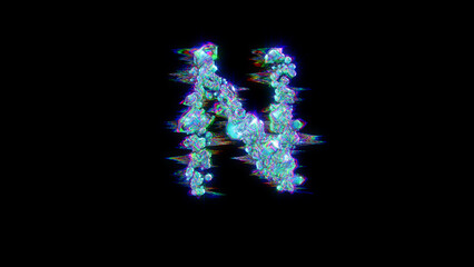 style cybernetic blue glitch alphabet - letter N on black, isolated - object 3D rendering