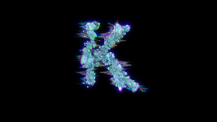 style cybernetic blue dichroic font - letter K on black, isolated - object 3D rendering