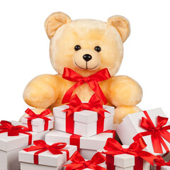 Teddy bear and white boxes with gifts isolated on white