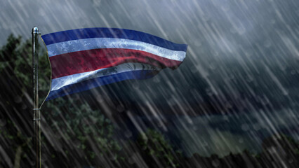 Fototapeta na wymiar flag of Costa Rica with rain and dark clouds, windstorm forecast symbol - nature 3D illustration