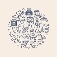 Camping card with camp icons line style such us bicycle, camper, backpack, tent, fish, fire, trees, guitar, sun, car, knife, photocamera for decoration, poster, banner, t shirt print, kids camp