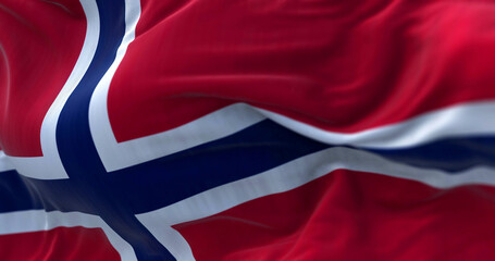 Close-up view of the Norway national flag waving in the wind.