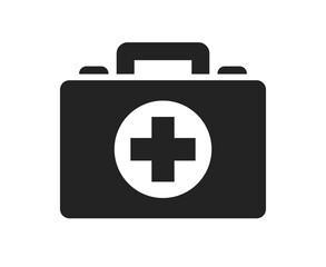 Obraz premium First Aid Box. Black first aid kit flat icon isolated on white background Vector illustration. First aid kit with cross. Health bag. Healcare, Hospital and medical concept. Rescue system.