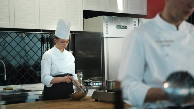 Restaurant Kitchen: Portrait Female Chef Preparing Dish. Professional Cooking, Delicious, Authentic Food, Healthy Meals