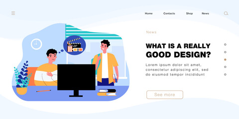 Teacher at school desk thinking of going to cinema. Student with backpack and books in classroom flat vector illustration. Entertainment, education concept for banner, website design or landing page