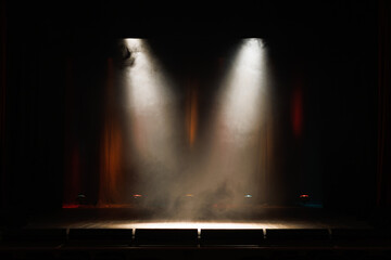 Theatrical scene without actors, scenic colorful light and smoke