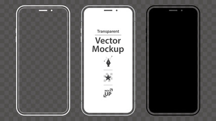 Mobile Phone Vector Mockup Design Set. Smartphone template with black, white, transparent screen.