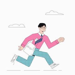 A business man, a student in glasses with a briefcase runs quickly, waving his tie. Late business man, a student rush to be on time. Flat style. Stock vector illustration of a late businessman