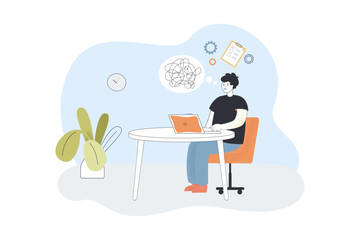 Sad office worker with work problem sitting at desk with laptop. Stress due to chaos in documents of man flat vector illustration. Challenge concept for banner, website design or landing web page