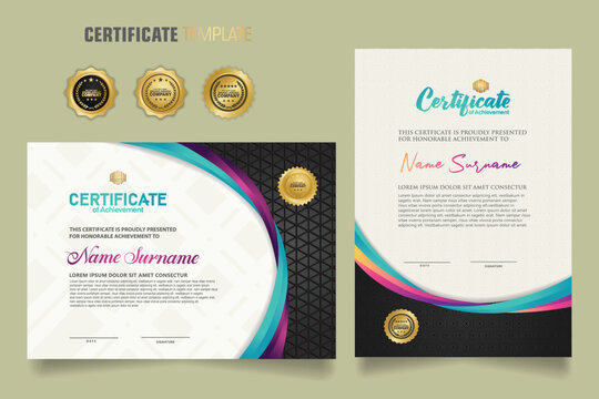 Luxury certificate template with dynamic and attractive colors on curved line shape ornament modern pattern