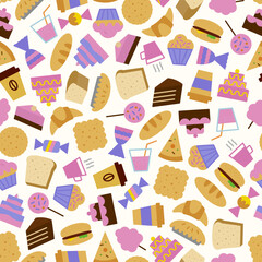 vector cute seamless pattern with bakery icons colorful flat style for menu, sweet shop, website, dessert banner, cupcake, cafe, restaurant, packaging wrapping paper. Baked background 10 eps