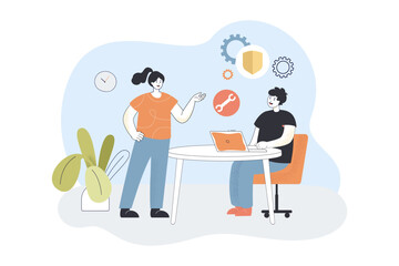 Technical worker installing software in laptop of user. Man and woman with gears, safety shield flat vector illustration. Maintenance service concept for banner, website design or landing web page
