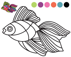 Bright fish coloring book on a white background. Doodle coloring book page funny fish in aquarium. Anti-stress coloring for adults and children. Illustration for the cover of a children's book, notebo