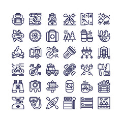 Camping and hiking icons set line style consisting of camp and travel equipment for tourist symbol, explore emblem, hiking sticker, expedition label, travel badge, climbing, poster, banner.
