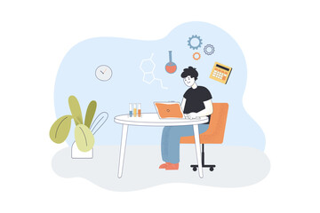 Chemical research and formula analysis by scientist at laptop. Scientific study of male researcher flat vector illustration. Science, laboratory concept for banner, website design or landing web page