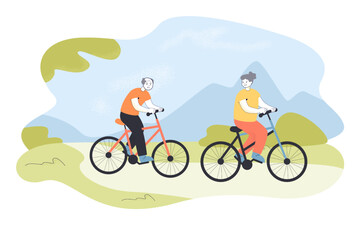 Grandmother and grandfather riding bicycles in park. Happy active old man and woman cycling outside flat vector illustration. Exercise, sport concept for banner, website design or landing web page