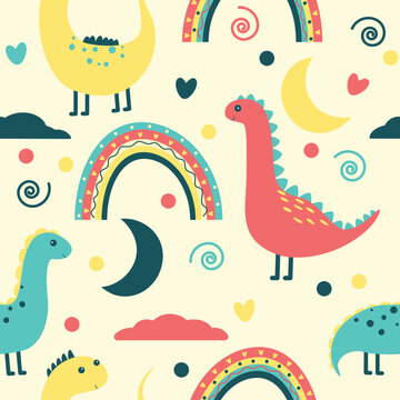cute dinosaurs and rainbows vivid childish pattern © Olga