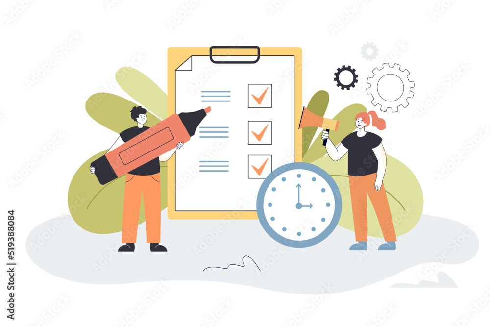 Aufkleber tiny man working with business to do list. woman with megaphone and clock announcing deadline flat v